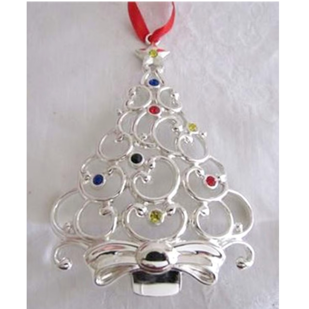 NWT  LENNOX SPARKLE AND SCROLL MULTI CRYSTAL SILVERPLATE XMAS TREE ORNATE 4"
